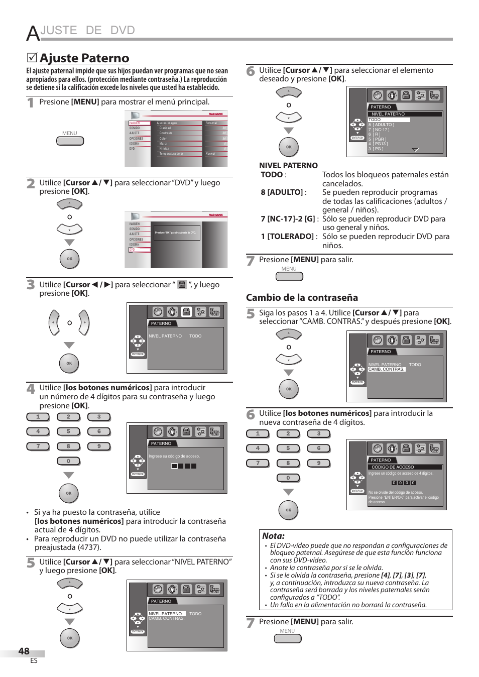 Juste de dvd, Ajuste paterno, Cambio de la contraseña | Nota | Philips Magnavox 19MD359B User Manual | Page 160 / 169