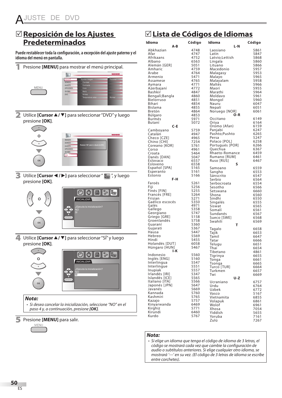 Juste de dvd, Lista de códigos de idiomas 5, Reposición de los ajustes predeterminados 5 | Nota | Philips Magnavox 19MD359B User Manual | Page 162 / 169