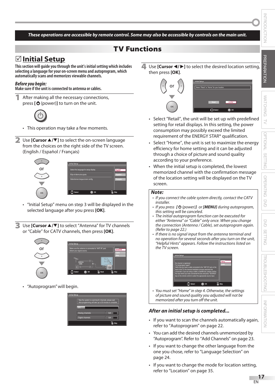 Initial setup, Tv functions, Before you begin | After an initial setup is completed, Autoprogram” will begin | Philips Magnavox 19MD359B User Manual | Page 17 / 169