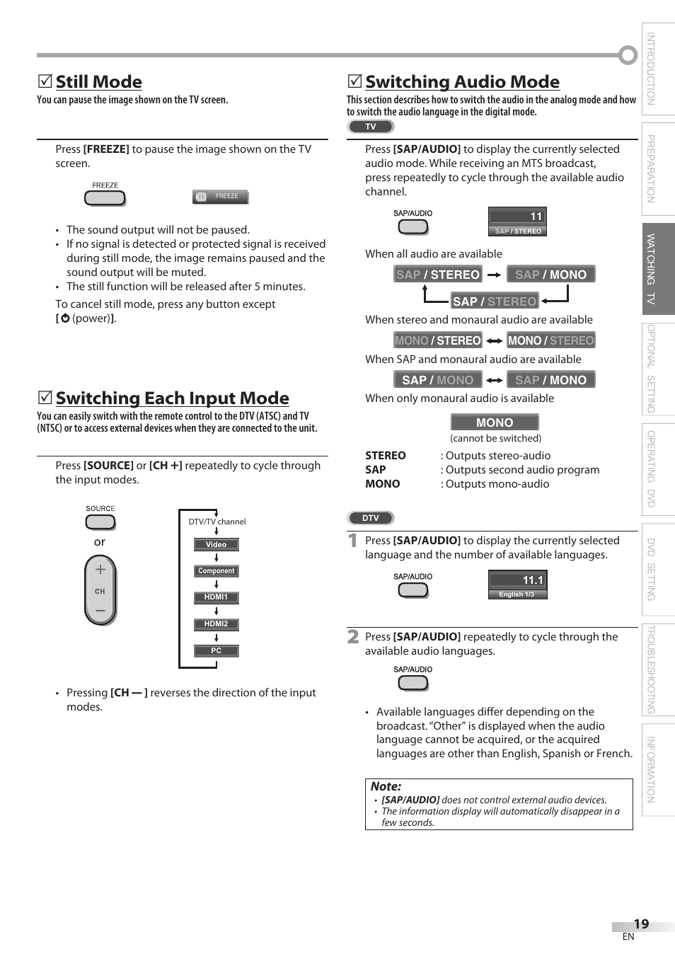 Still mode, Switching each input mode, Switching audio mode | Philips Magnavox 19MD359B User Manual | Page 19 / 169