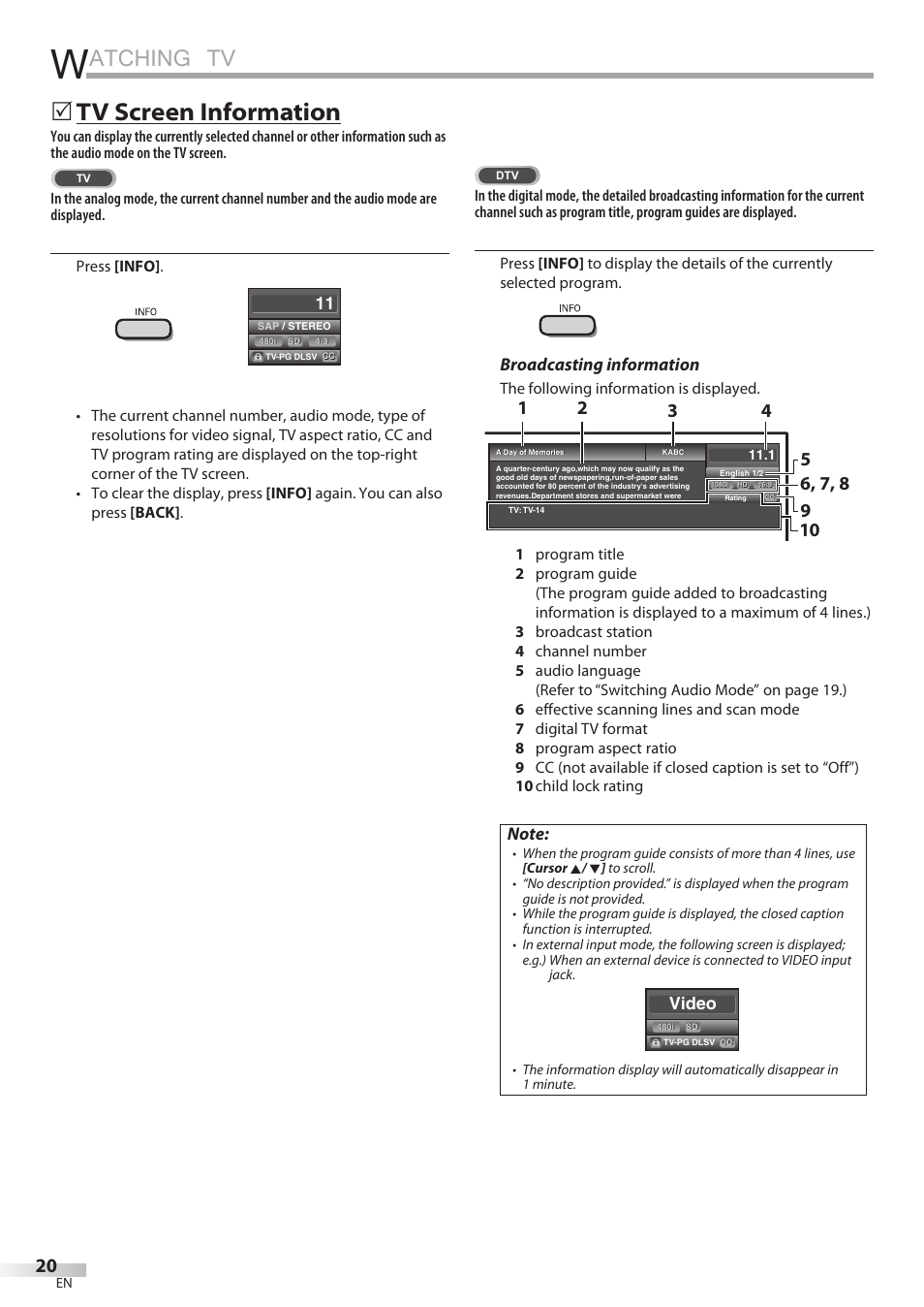 Atching tv, Tv screen information, Broadcasting information | Video | Philips Magnavox 19MD359B User Manual | Page 20 / 169