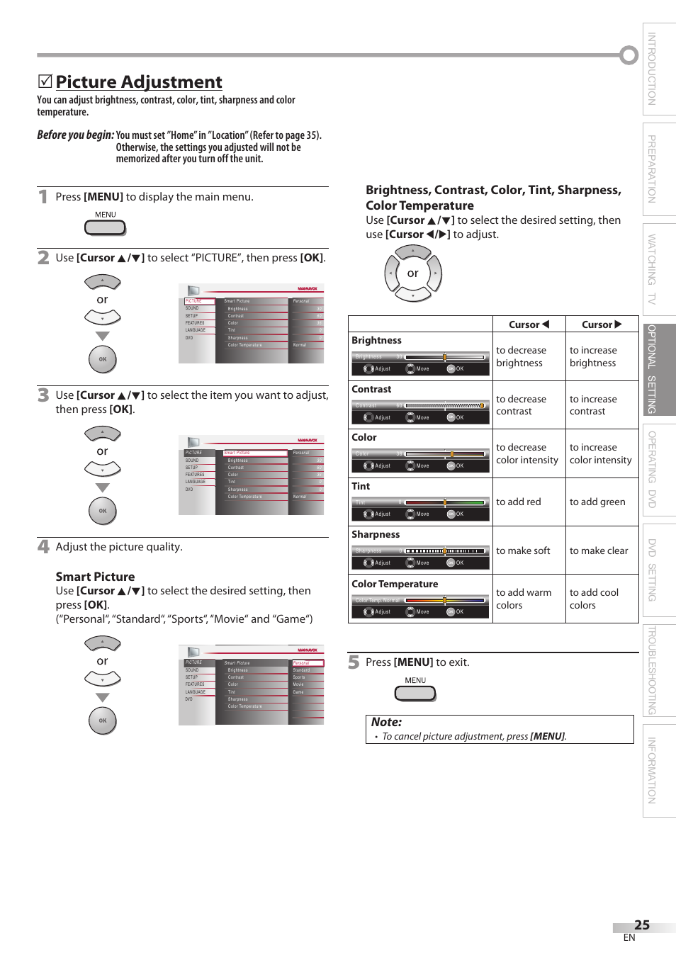 Picture adjustment, Before you begin, Smart picture | Press [menu] to display the main menu, Adjust the picture quality, Press [menu] to exit | Philips Magnavox 19MD359B User Manual | Page 25 / 169