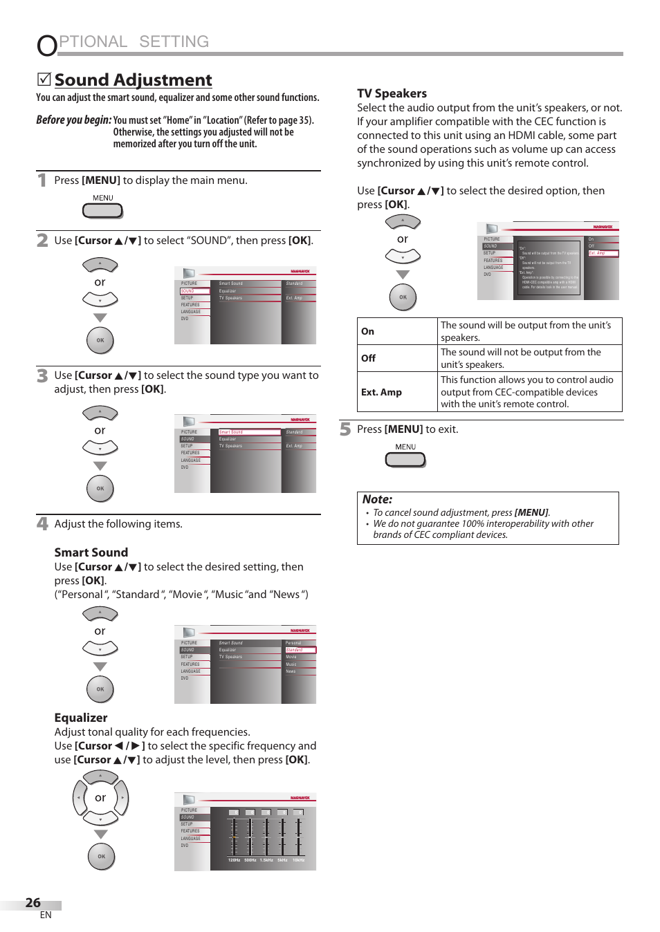 Ptional setting, Sound adjustment, Before you begin | Smart sound, Equalizer, Tv speakers, Press [menu] to display the main menu, Adjust the following items, Press [menu] to exit | Philips Magnavox 19MD359B User Manual | Page 26 / 169