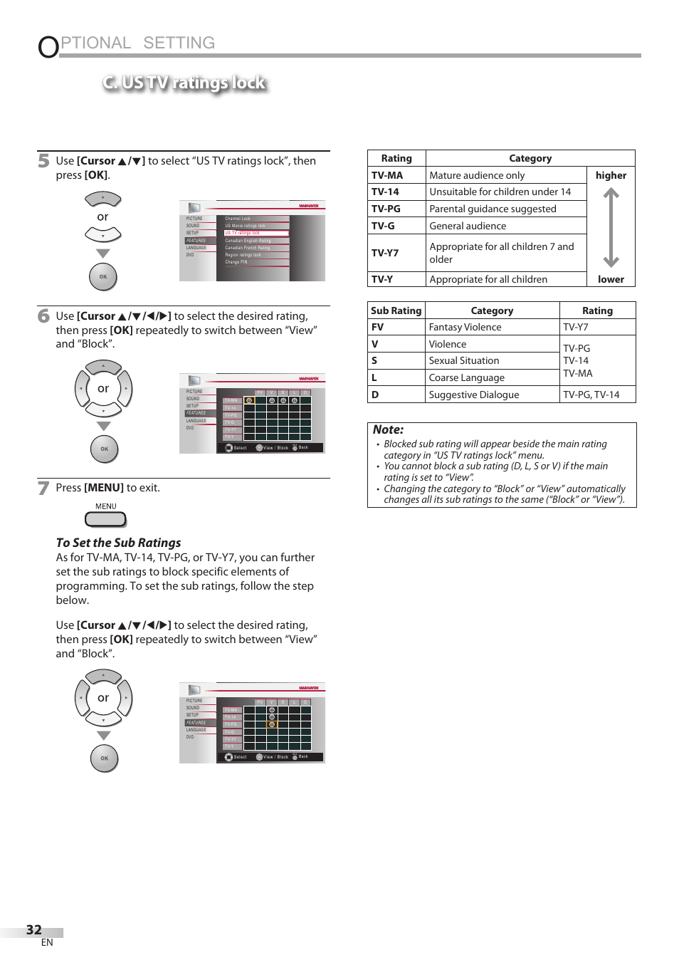 Ptional setting, C. us tv ratings lock, Press [menu] to exit | Philips Magnavox 19MD359B User Manual | Page 32 / 169