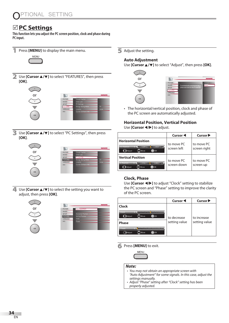 Ptional setting, Pc settings, Auto adjustment | Horizontal position, vertical position, Clock, phase, Press [menu] to display the main menu, Adjust the setting, Use [cursor s / b ] to adjust, Press [menu] to exit | Philips Magnavox 19MD359B User Manual | Page 34 / 169