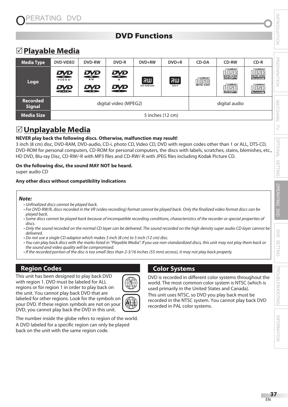 Perating dvd, Playable media, Unplayable media | 5dvd functions | Philips Magnavox 19MD359B User Manual | Page 37 / 169