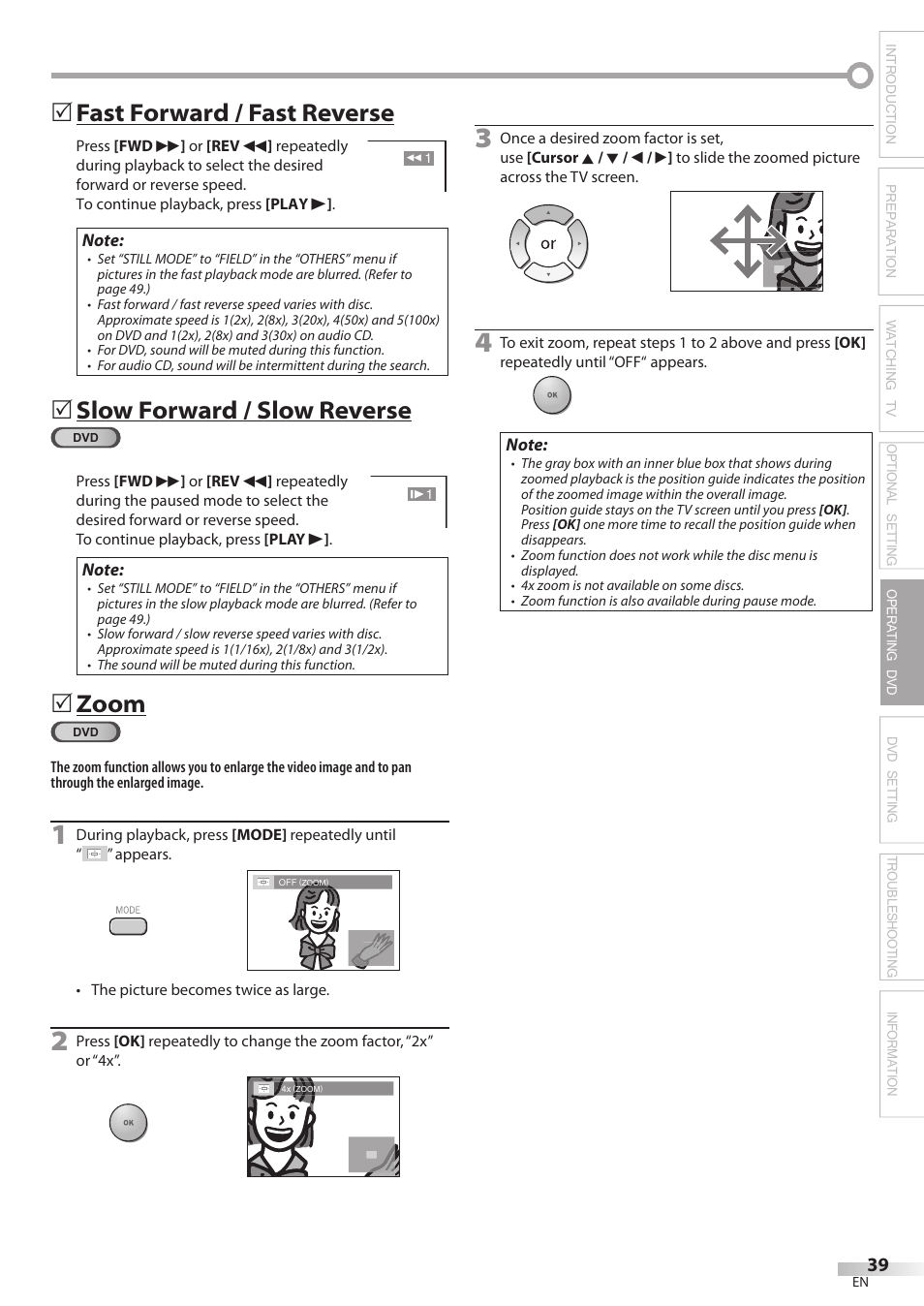 Fast forward / fast reverse, Slow forward / slow reverse, Zoom | Philips Magnavox 19MD359B User Manual | Page 39 / 169