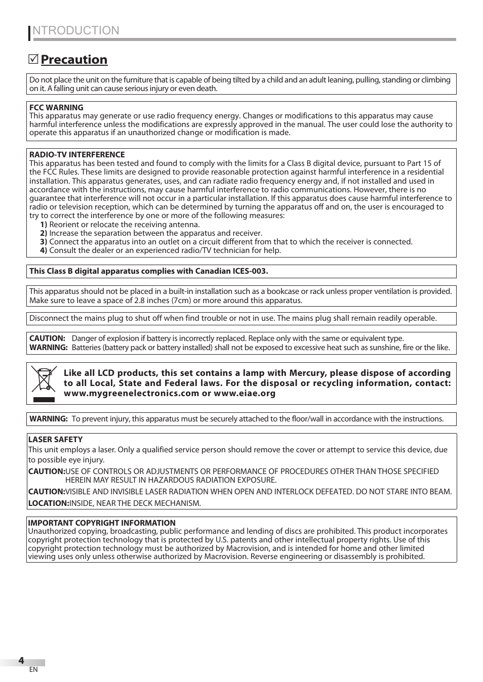 Ntroduction, Precaution 5 | Philips Magnavox 19MD359B User Manual | Page 4 / 169