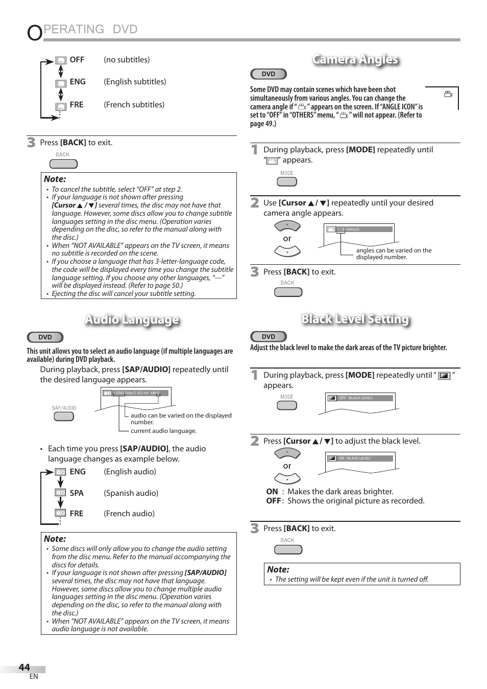 Perating dvd, Audio language, Camera angles | Black level setting | Philips Magnavox 19MD359B User Manual | Page 44 / 169