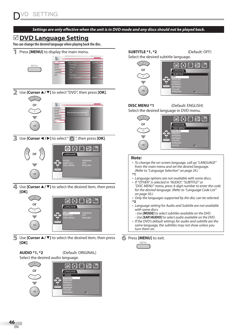 Vd setting, Dvd language setting | Philips Magnavox 19MD359B User Manual | Page 46 / 169