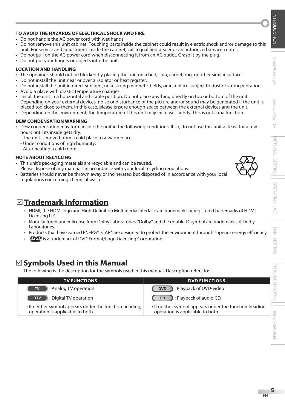 Trademark information, Symbols used in this manual | Philips Magnavox 19MD359B User Manual | Page 5 / 169