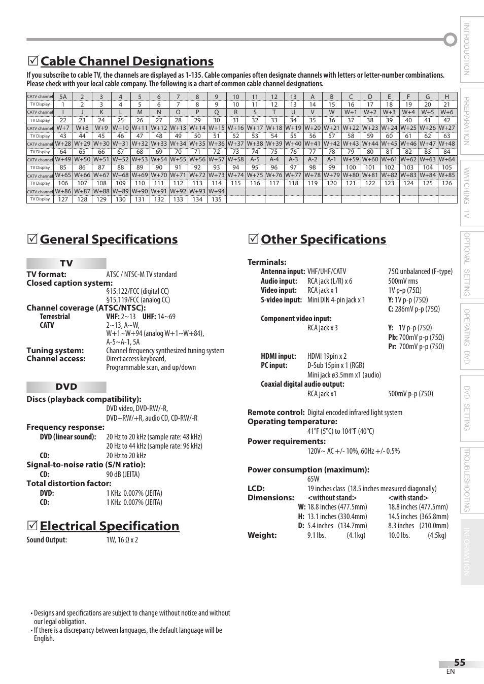 General specifications, Electrical specification, 5other specifications | Cable channel designations 5 | Philips Magnavox 19MD359B User Manual | Page 55 / 169