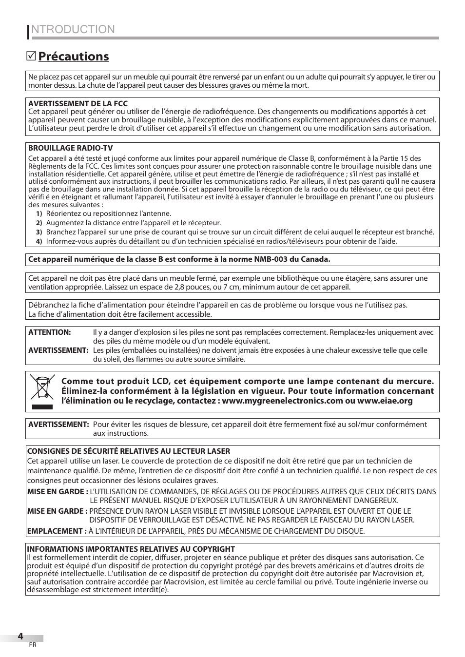 Ntroduction, Précautions 5 | Philips Magnavox 19MD359B User Manual | Page 60 / 169