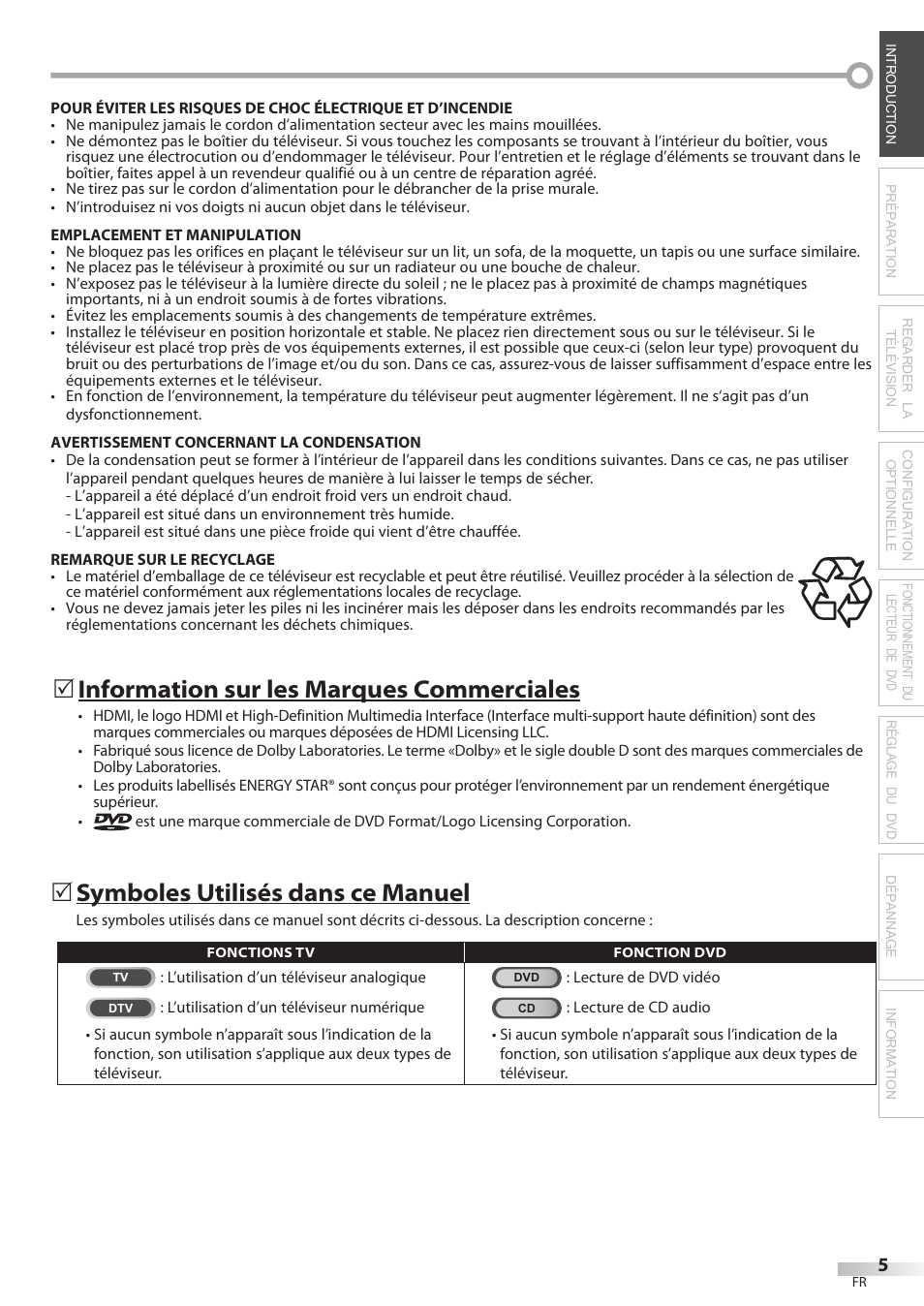 Symboles utilisés dans ce manuel, 5information sur les marques commerciales | Philips Magnavox 19MD359B User Manual | Page 61 / 169