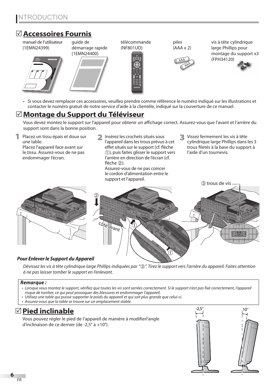 Ntroduction, Montage du support du téléviseur, 5accessoires fournis 5 | Pied inclinable | Philips Magnavox 19MD359B User Manual | Page 62 / 169