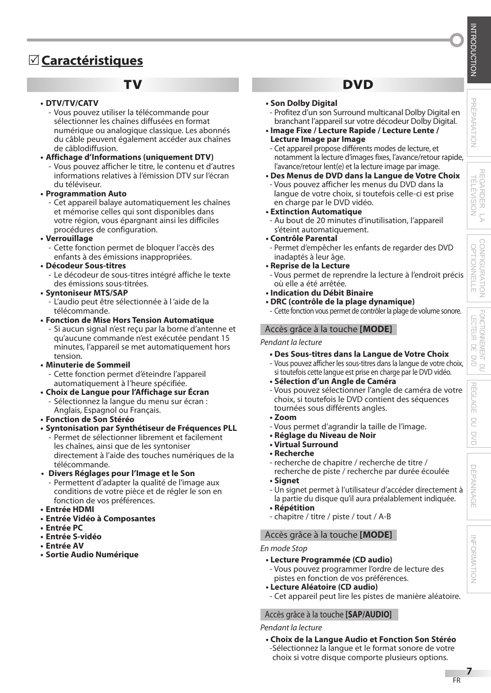 Tv dvd, Caractéristiques 5 | Philips Magnavox 19MD359B User Manual | Page 63 / 169