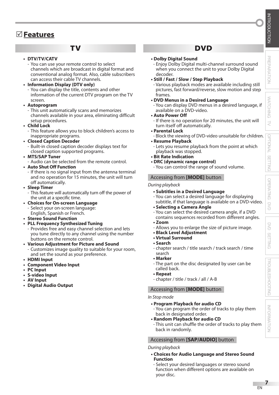 Features 5 tv dvd | Philips Magnavox 19MD359B User Manual | Page 7 / 169