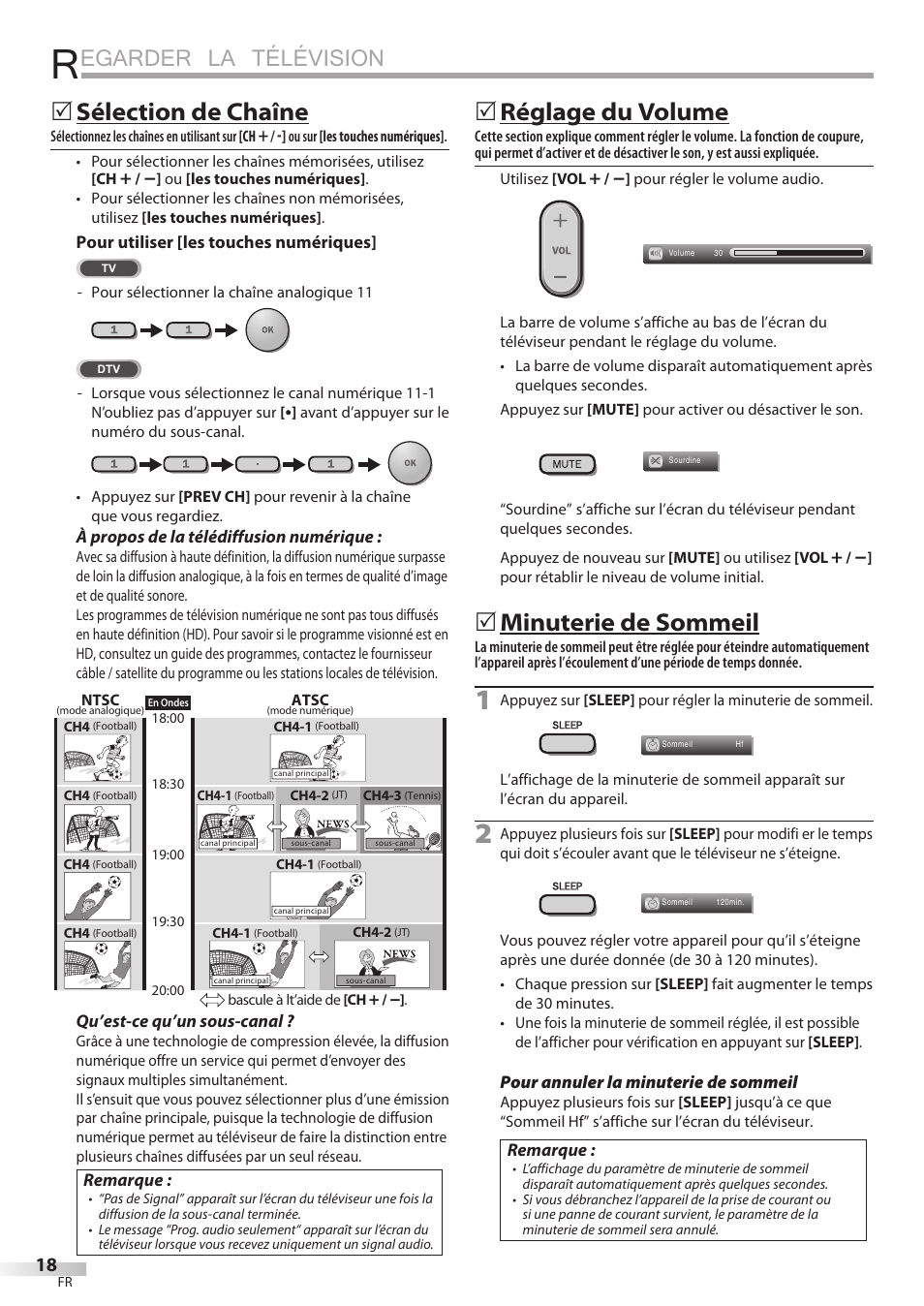 Egarder la télévision, Sélection de chaîne, Réglage du volume | Minuterie de sommeil | Philips Magnavox 19MD359B User Manual | Page 74 / 169