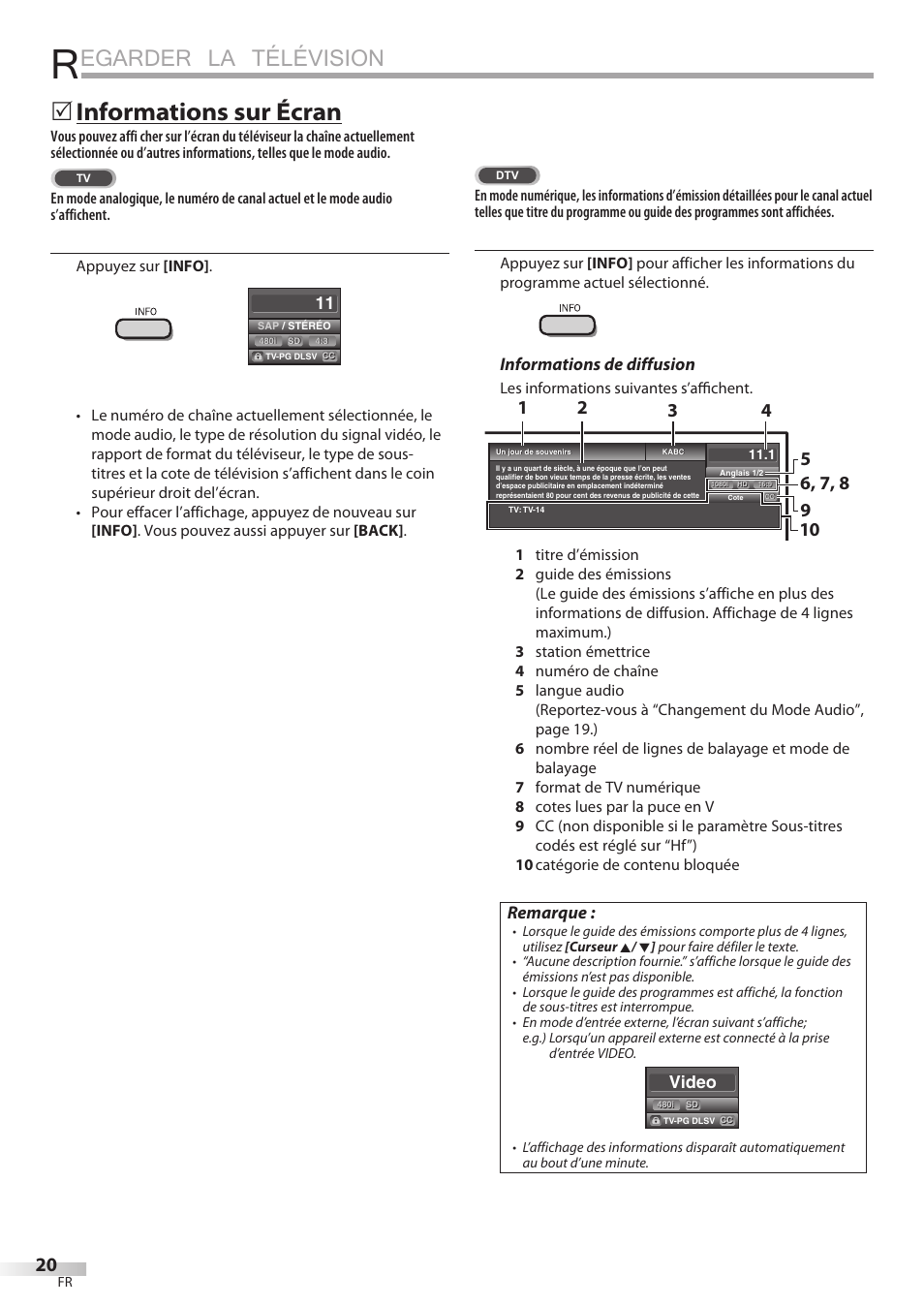 Egarder la télévision, Informations sur écran, Informations de diffusion | Remarque, Video | Philips Magnavox 19MD359B User Manual | Page 76 / 169