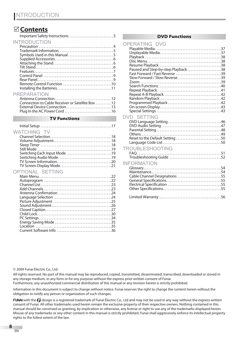 Ntroduction, Introduction, Preparation | Watching tv, Optional setting, Operating dvd, Dvd setting, Troubleshooting, Information | Philips Magnavox 19MD359B User Manual | Page 8 / 169