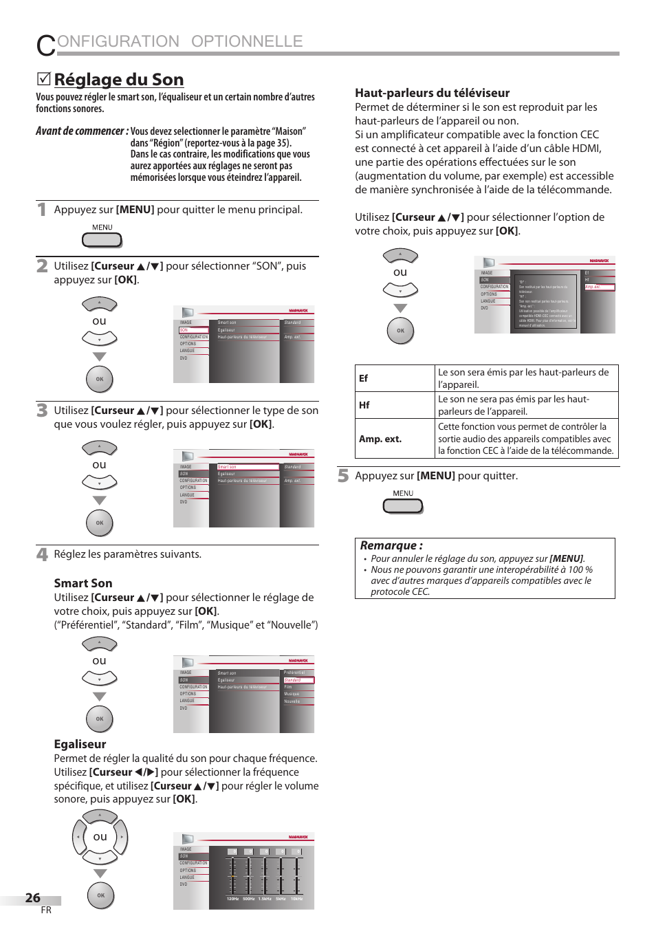 Onfiguration optionnelle, Réglage du son, Avant de commencer | Smart son, Egaliseur, Haut-parleurs du téléviseur, Remarque, Appuyez sur [menu] pour quitter le menu principal, Réglez les paramètres suivants, Appuyez sur [menu] pour quitter | Philips Magnavox 19MD359B User Manual | Page 82 / 169