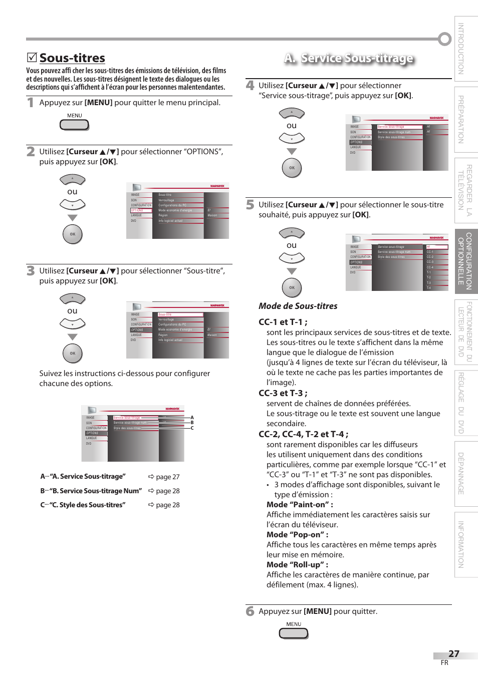 Sous-titres, 5a. service sous-titrage a. service sous-titrage, Mode de sous-titres cc-1 et t-1 | Cc-3 et t-3, Cc-2, cc-4, t-2 et t-4, Appuyez sur [menu] pour quitter le menu principal, Appuyez sur [menu] pour quitter | Philips Magnavox 19MD359B User Manual | Page 83 / 169