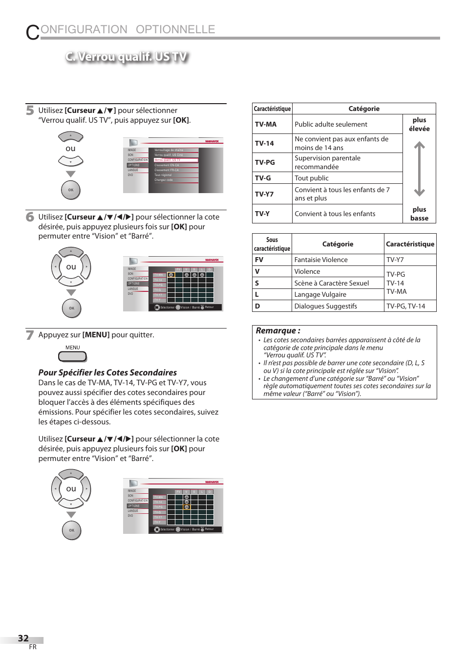 Onfiguration optionnelle, C. verrou qualif. us tv, Pour spécifier les cotes secondaires | Remarque, Appuyez sur [menu] pour quitter | Philips Magnavox 19MD359B User Manual | Page 88 / 169