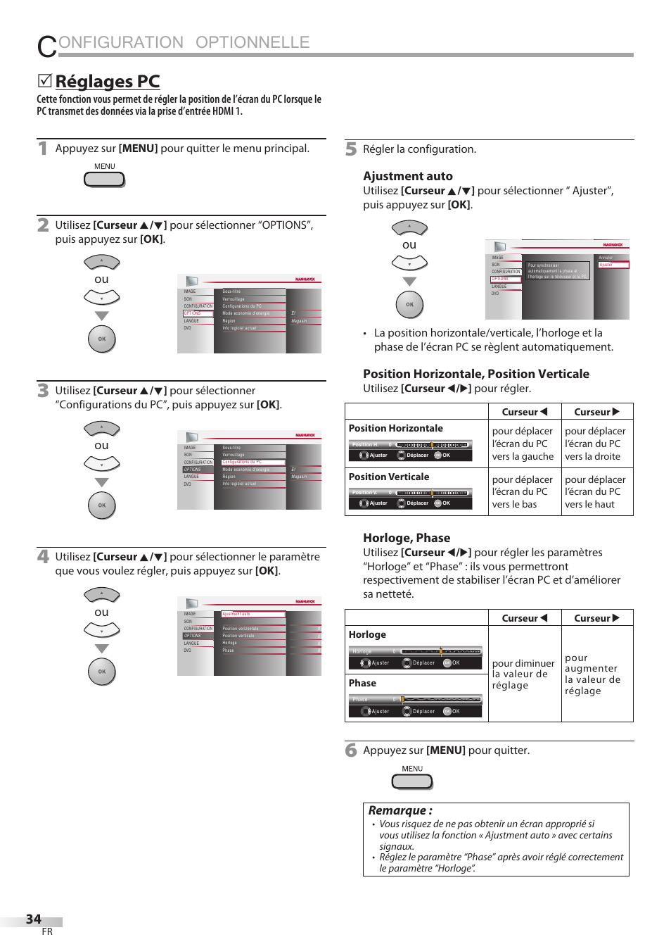 Onfiguration optionnelle, Réglages pc, Ajustment auto | Position horizontale, position verticale, Horloge, phase, Remarque, Appuyez sur [menu] pour quitter le menu principal, Régler la configuration, Utilisez [curseur s / b ] pour régler, Appuyez sur [menu] pour quitter | Philips Magnavox 19MD359B User Manual | Page 90 / 169