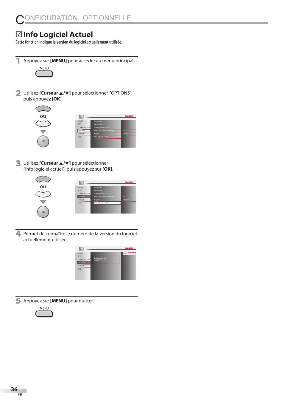 Onfiguration optionnelle, Info logiciel actuel | Philips Magnavox 19MD359B User Manual | Page 92 / 169