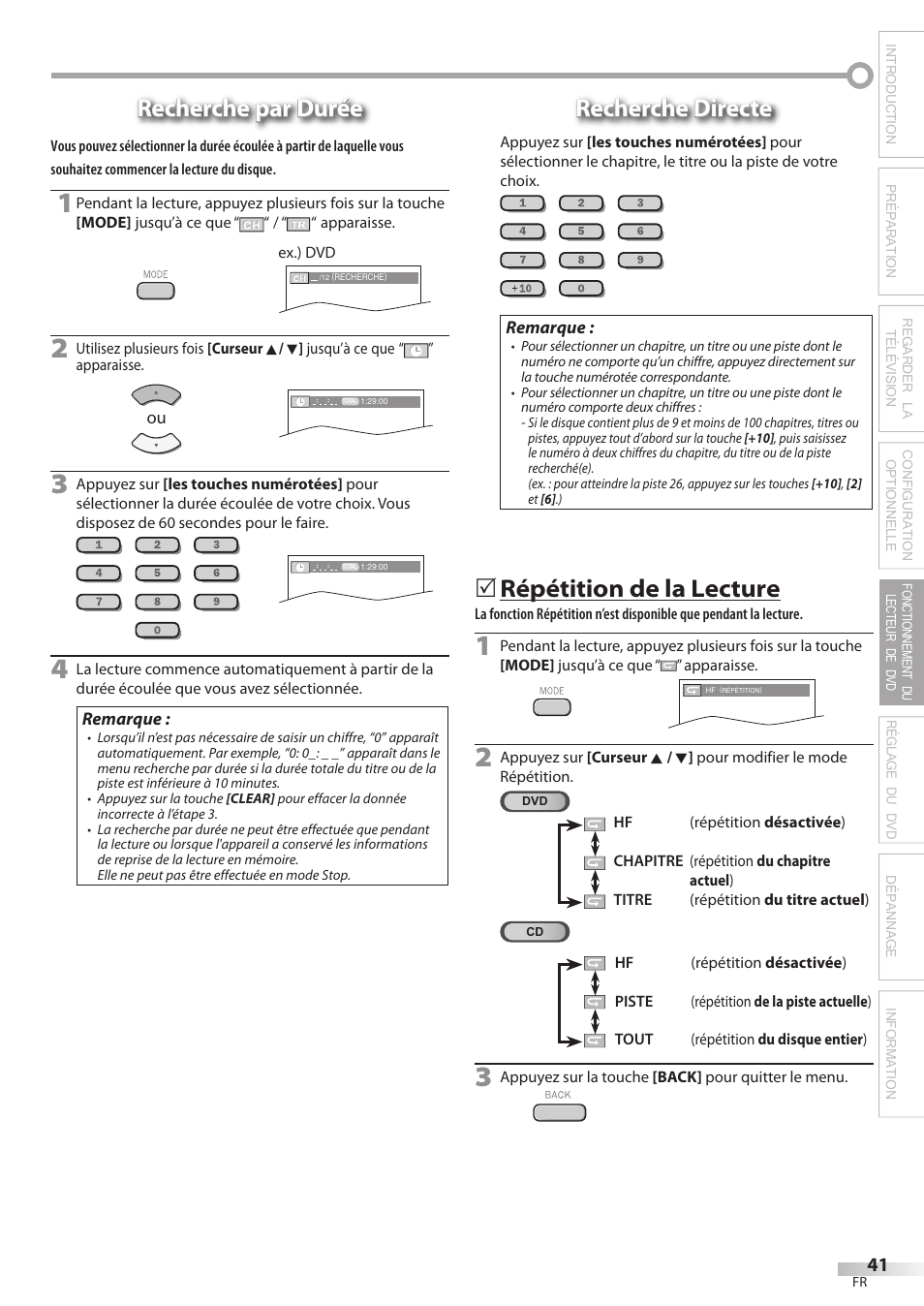 Recherche par durée, Recherche directe, Répétition de la lecture | Philips Magnavox 19MD359B User Manual | Page 97 / 169