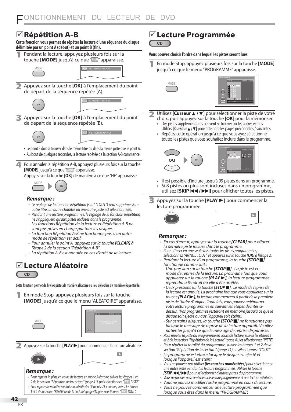 Onctionnement du lecteur de dvd, Répétition a-b, Lecture aléatoire | 5lecture programmée, Remarque | Philips Magnavox 19MD359B User Manual | Page 98 / 169