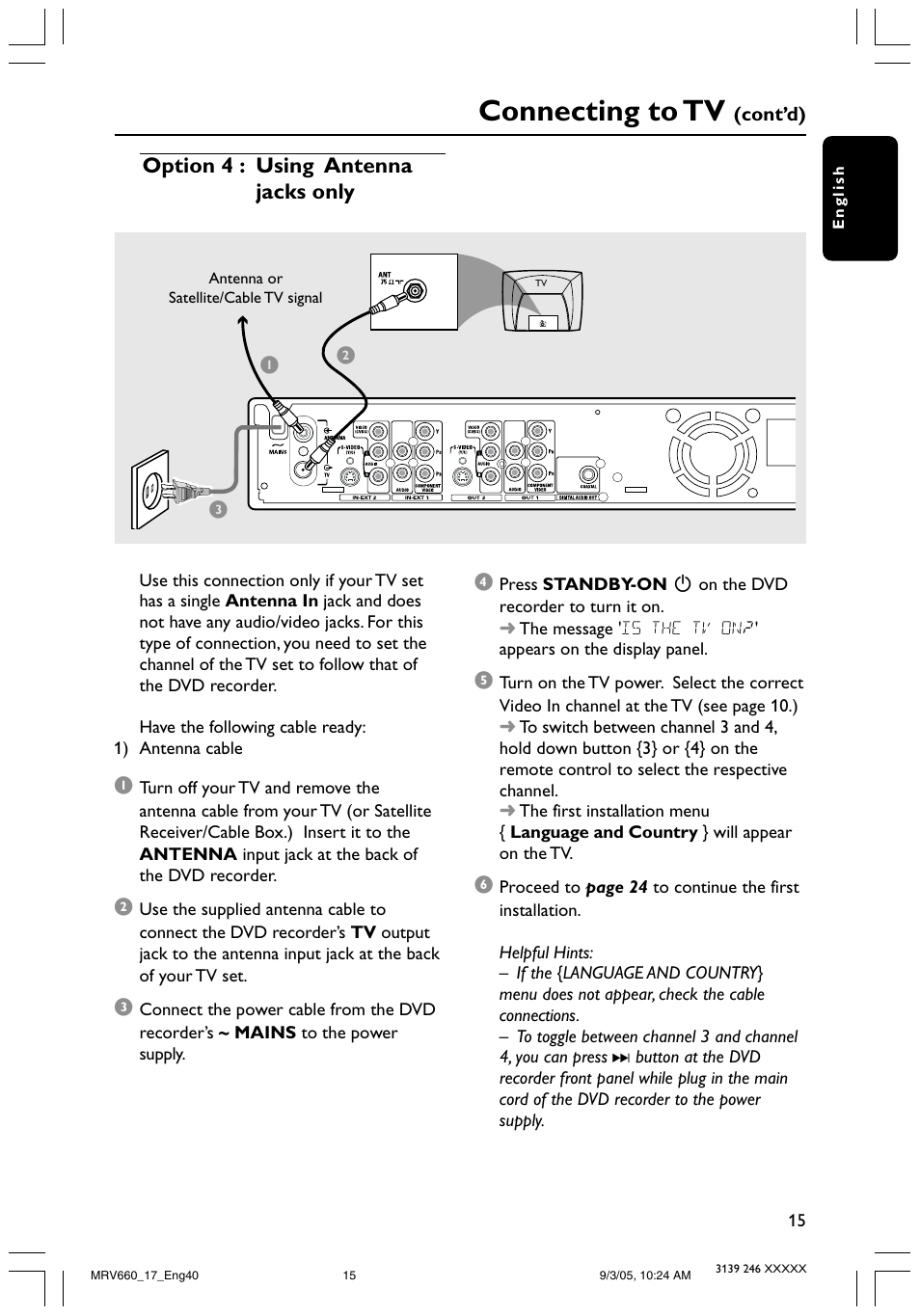 Connecting to tv, Option 4 : using antenna jacks only | Philips Magnavox MRV660 User Manual | Page 15 / 70