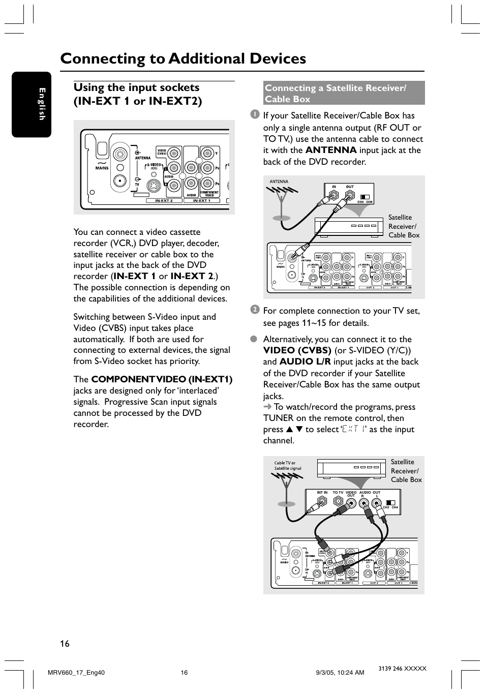 Connecting to additional devices, Using the input sockets (in-ext 1 or in-ext2) | Philips Magnavox MRV660 User Manual | Page 16 / 70