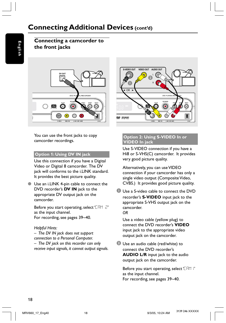 Connecting additional devices, Connecting a camcorder to the front jacks | Philips Magnavox MRV660 User Manual | Page 18 / 70
