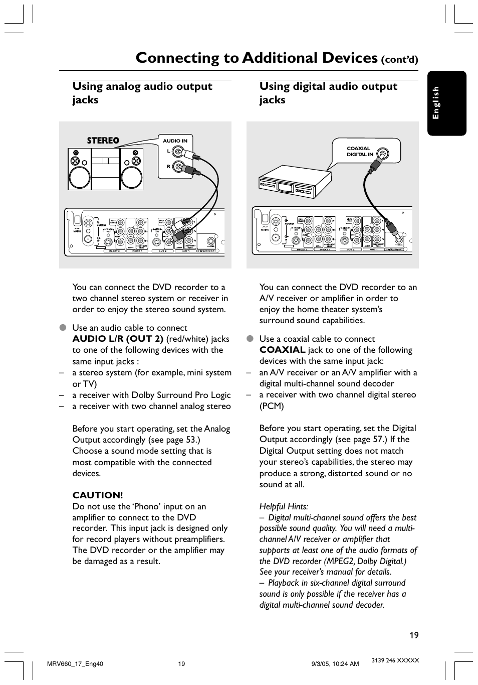 Connecting to additional devices, Using analog audio output jacks, Using digital audio output jacks | Philips Magnavox MRV660 User Manual | Page 19 / 70