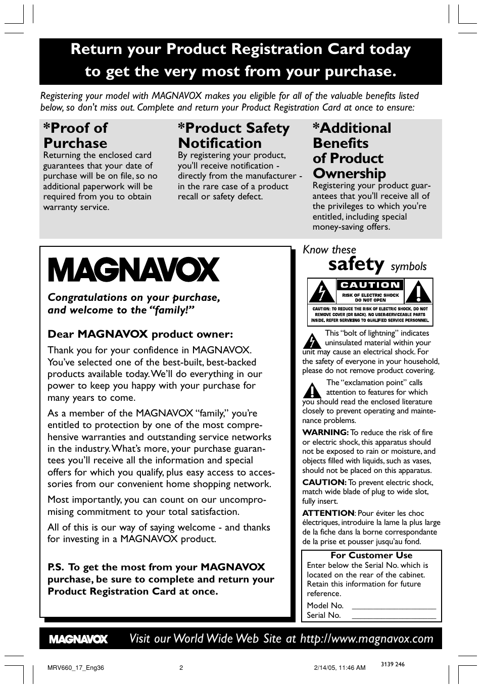 Safety, Proof of purchase, Product safety notification | Additional benefits of product ownership | Philips Magnavox MRV660 User Manual | Page 2 / 70