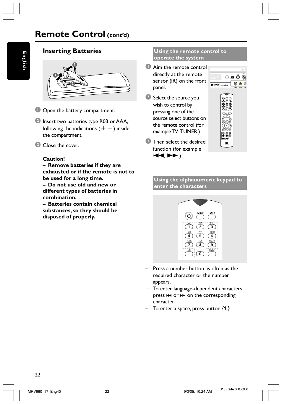 Remote control, Inserting batteries, Cont’d) | Philips Magnavox MRV660 User Manual | Page 22 / 70