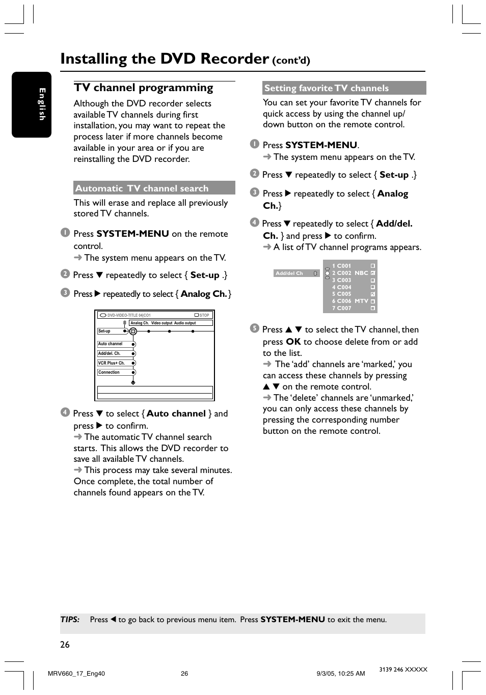 Installing the dvd recorder, Tv channel programming | Philips Magnavox MRV660 User Manual | Page 26 / 70