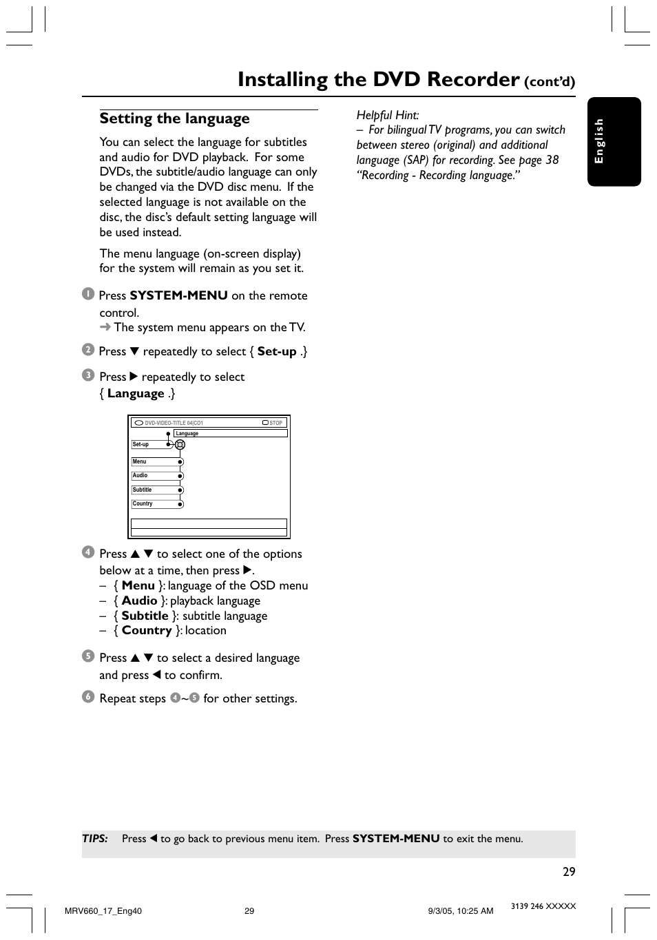 Installing the dvd recorder, Setting the language, Cont’d) | Philips Magnavox MRV660 User Manual | Page 29 / 70