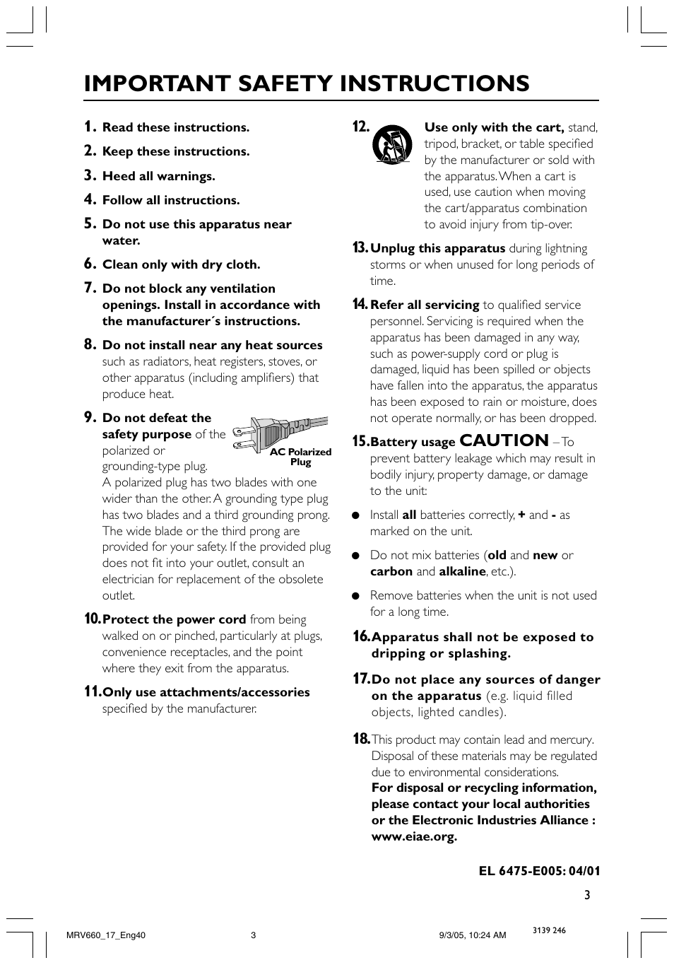 Important safety instructions, Caution | Philips Magnavox MRV660 User Manual | Page 3 / 70