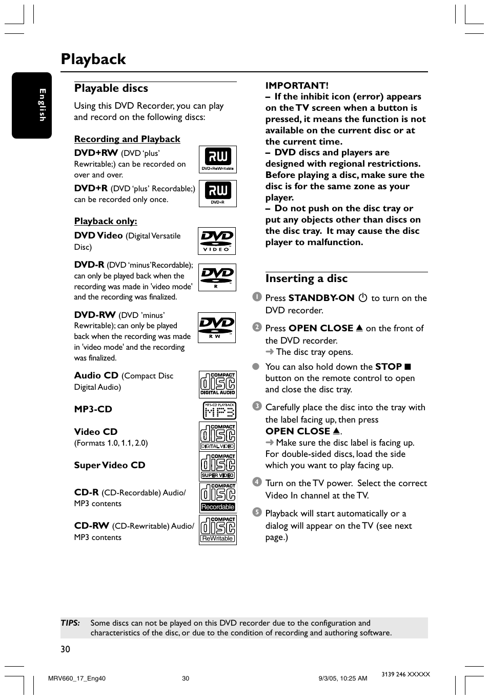 Playback, Inserting a disc 1, Playable discs | Philips Magnavox MRV660 User Manual | Page 30 / 70