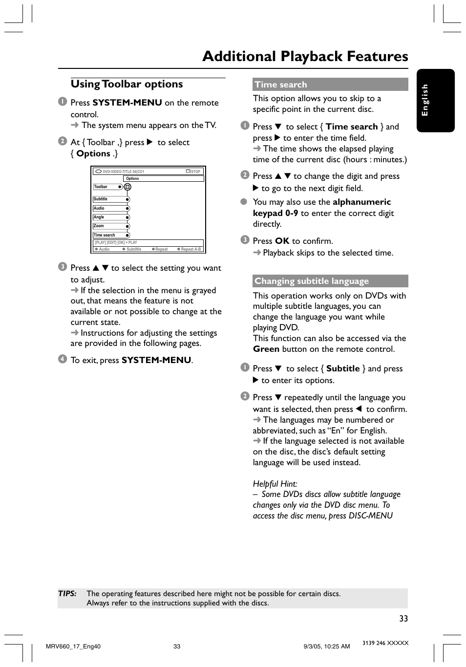 Additional playback features, Using toolbar options 1 | Philips Magnavox MRV660 User Manual | Page 33 / 70