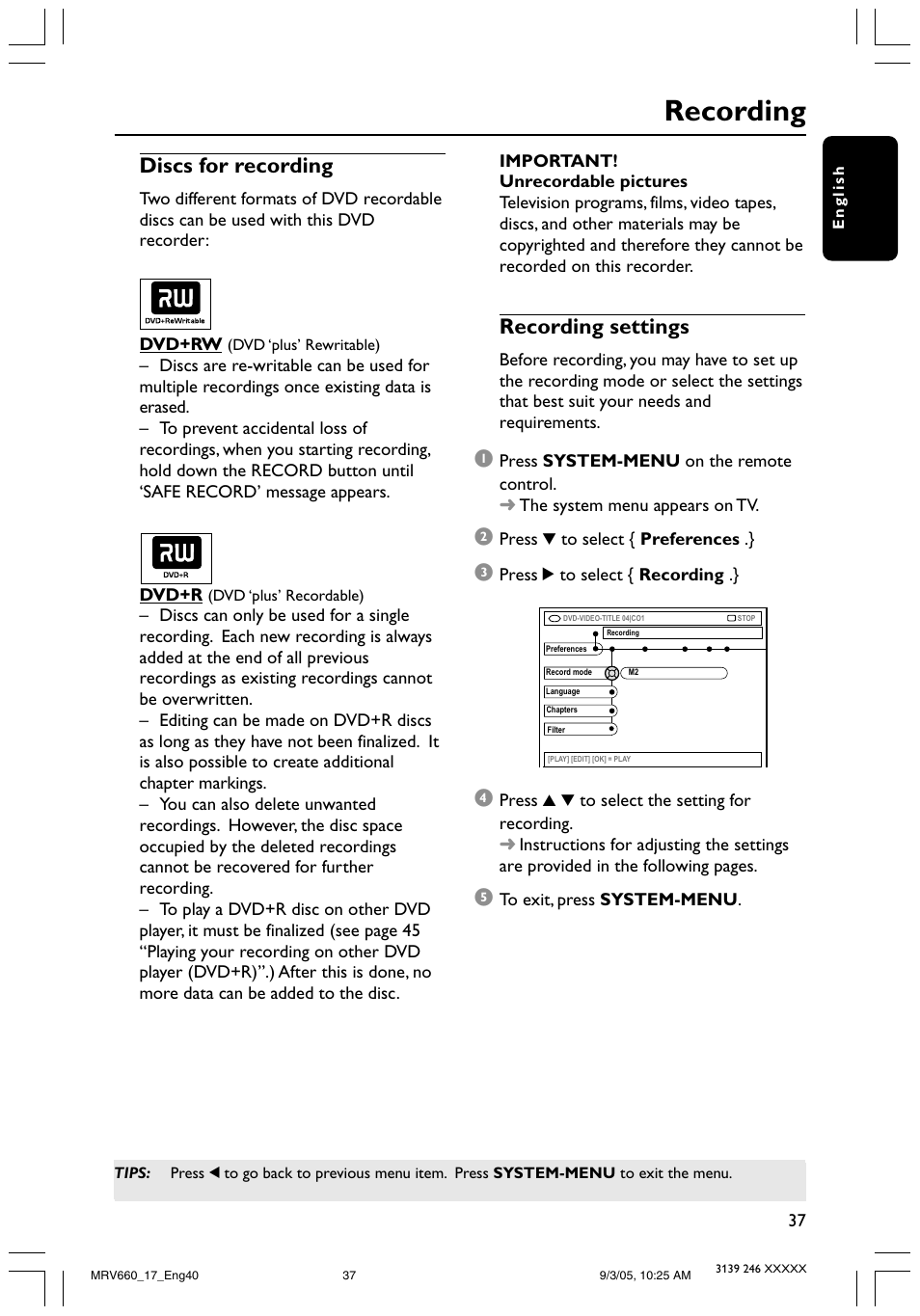 Recording, Discs for recording, Recording settings | Philips Magnavox MRV660 User Manual | Page 37 / 70