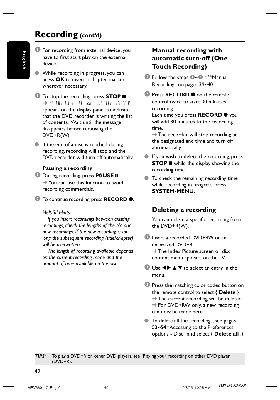 Recording, Deleting a recording | Philips Magnavox MRV660 User Manual | Page 40 / 70