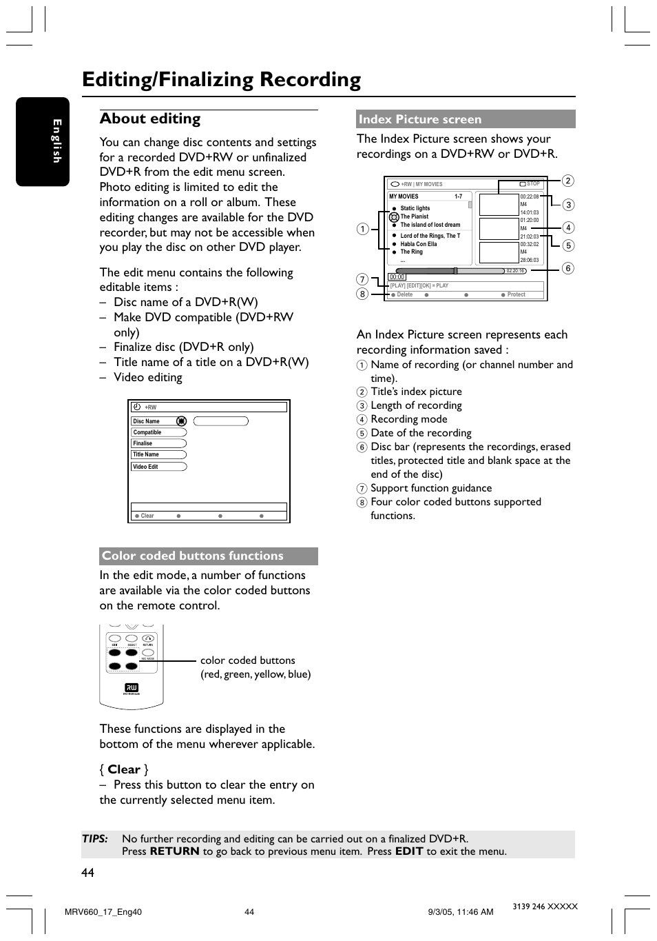 Editing/finalizing recording, About editing | Philips Magnavox MRV660 User Manual | Page 44 / 70