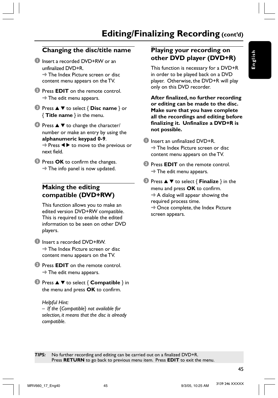 Editing/finalizing recording | Philips Magnavox MRV660 User Manual | Page 45 / 70