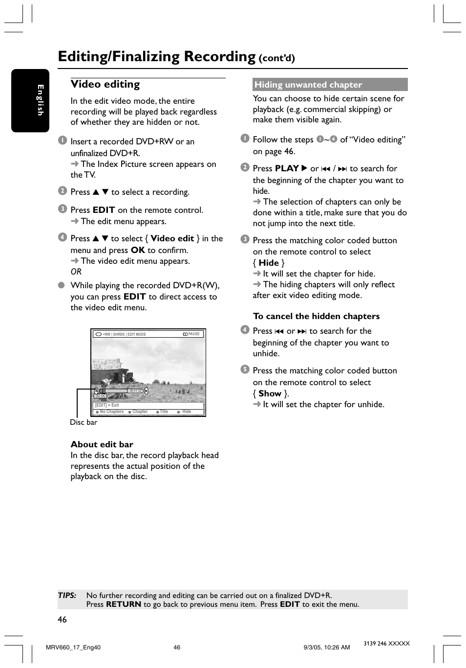 Editing/finalizing recording, Video editing | Philips Magnavox MRV660 User Manual | Page 46 / 70