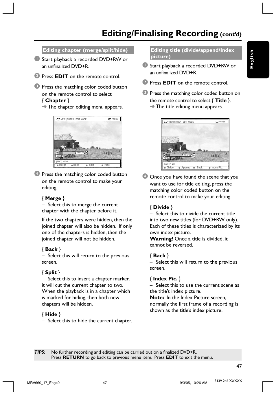 Editing/finalising recording, Cont’d) | Philips Magnavox MRV660 User Manual | Page 47 / 70