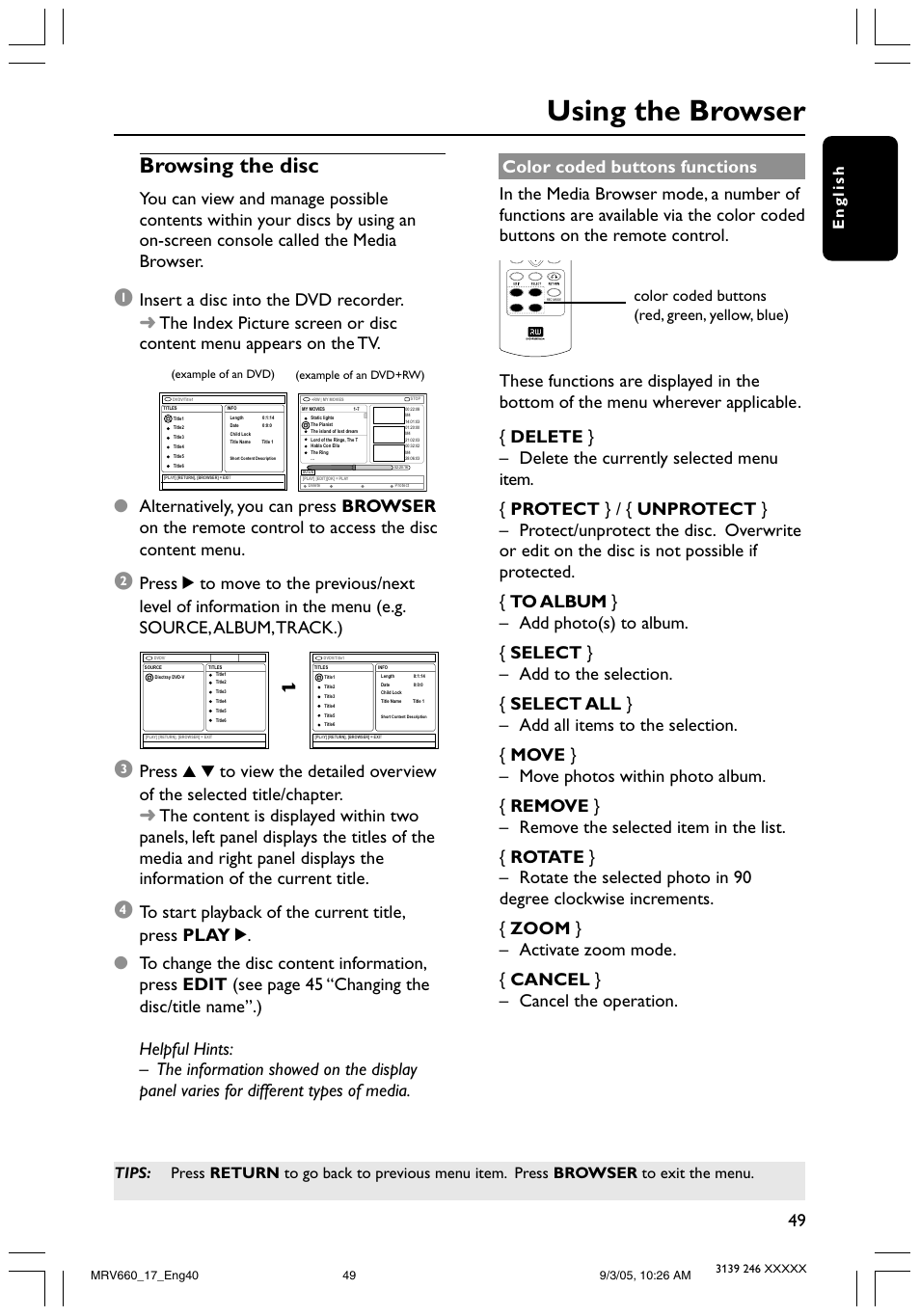 Using the browser, Browsing the disc, English | Philips Magnavox MRV660 User Manual | Page 49 / 70