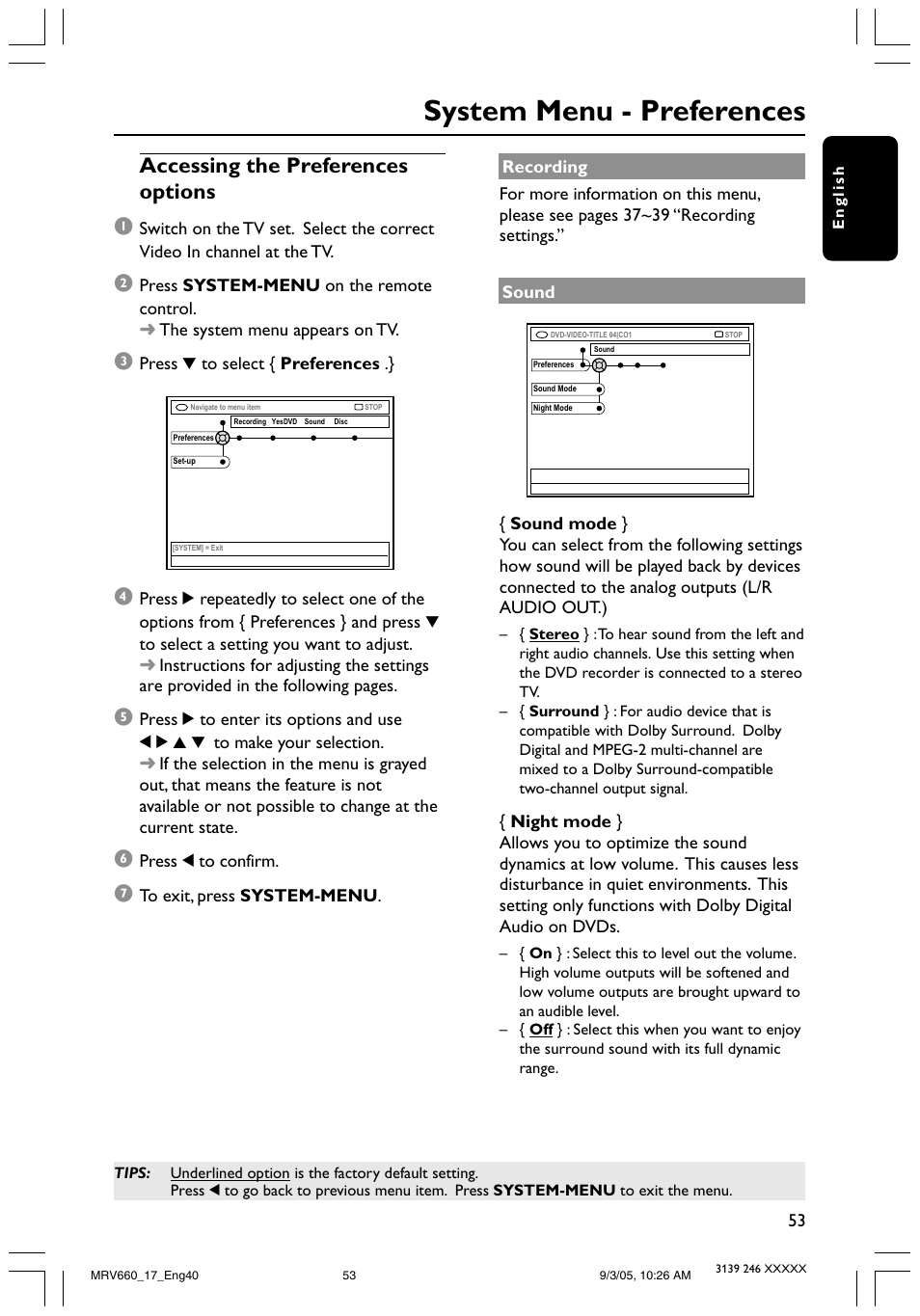 System menu - preferences, Accessing the preferences options 1 | Philips Magnavox MRV660 User Manual | Page 53 / 70